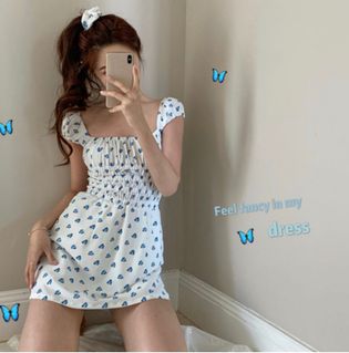 French-style fresh girl blue floral off-shoulder short waist dress, floral mini dress629776566914581129