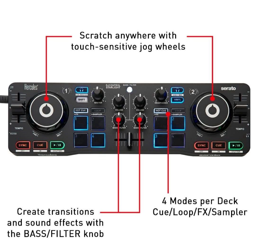 Hercules DJControl Starlight – Portable USB DJ Controller - 2 tracks with 8 pads and sound card - Serato DJ Lite included (Category: Other Accessories) located in Singapore. Submitted by tekhome (Listing ID 1371236297, Image 3). Description: The perfect controller to mix on the go with Serato. Ultra portable compact controller includes all the features needed to mix and perform anywhere. The included Serato DJ Lite Software also allows control of