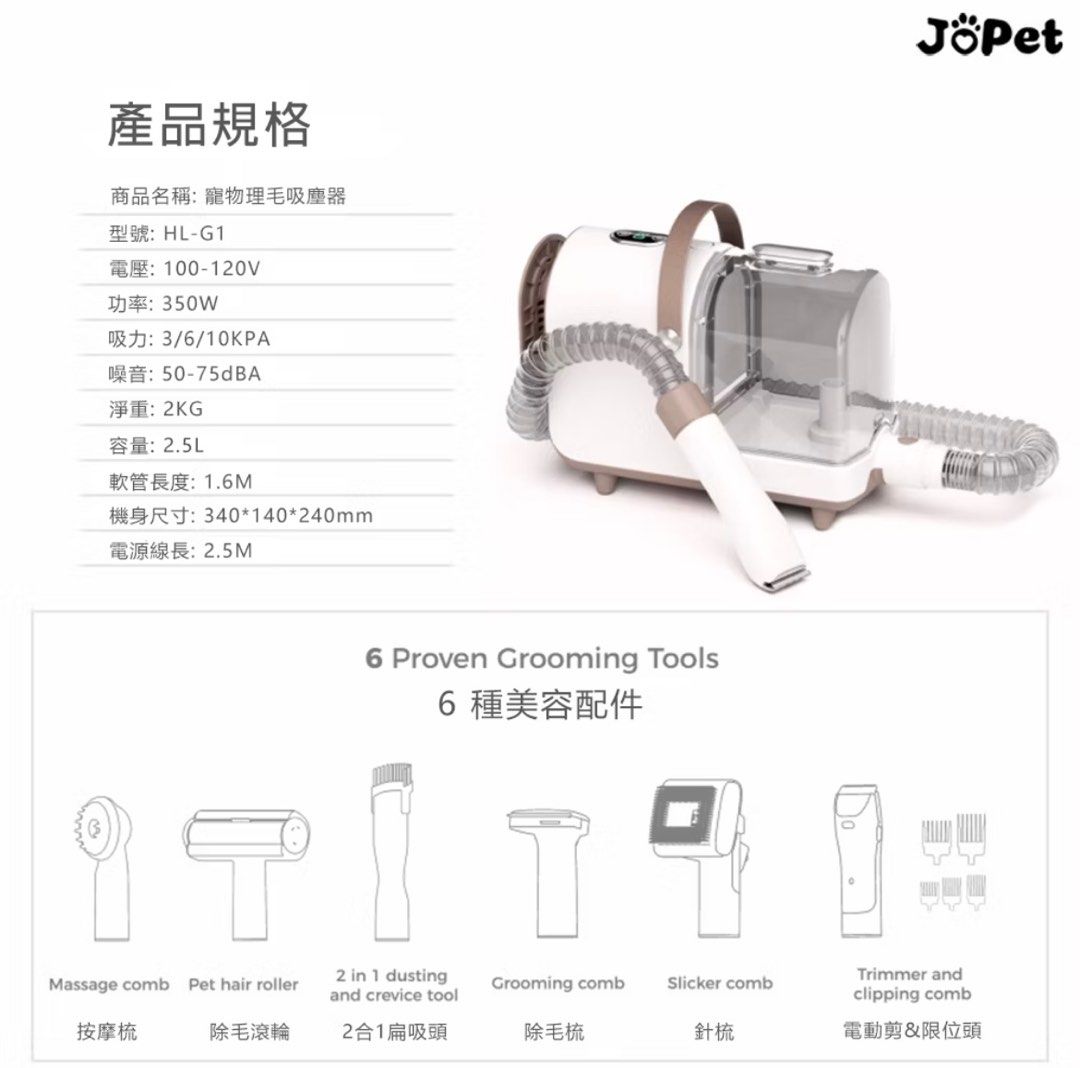 由 lydia.tw (刊登 ID 1371281271，圖片 3) 提交，位於 台北市 (Taipei) 的 【Jopet】寵物理毛機/吸塵器/吸毛機 貓咪理毛 狗狗理毛 (類別：寵物健康與美容)，說明：原價2,750元，剃毛刀僅使用2次，吸塵盒全新未使用。 【特色】 大寵物理毛、除毛除使用，可吸入毛髮、雜質，避免毛髮飛散 * 6合1多功能美容組，依情況更換工具使用 * 三段式調整風量，最小風量噪音50dB，適用較敏感寵物 *軟管長達1.6公尺，針對敏感寵物設計，遠離噪音 *2.5L大容量集塵筒 *觸控式LED 面板，質感再提升 【規格】 型號：HL-G1 電壓：110-120V 功率：350W 吸力：3/6/10 KPA 噪音：50-75 dBA 淨重：2KG 集塵筒容量：2.5L 軟管長度：1.6M 主機尺寸：340*140*24mm 電源線長：2.5M 【內容物】 理毛機*1 使用說明書*1 針梳竹、脫毛梳的、電動剪*、限位頭*5、2合1扁吸頭*1 除毛滾輪*1 按摩梳*1、軟管