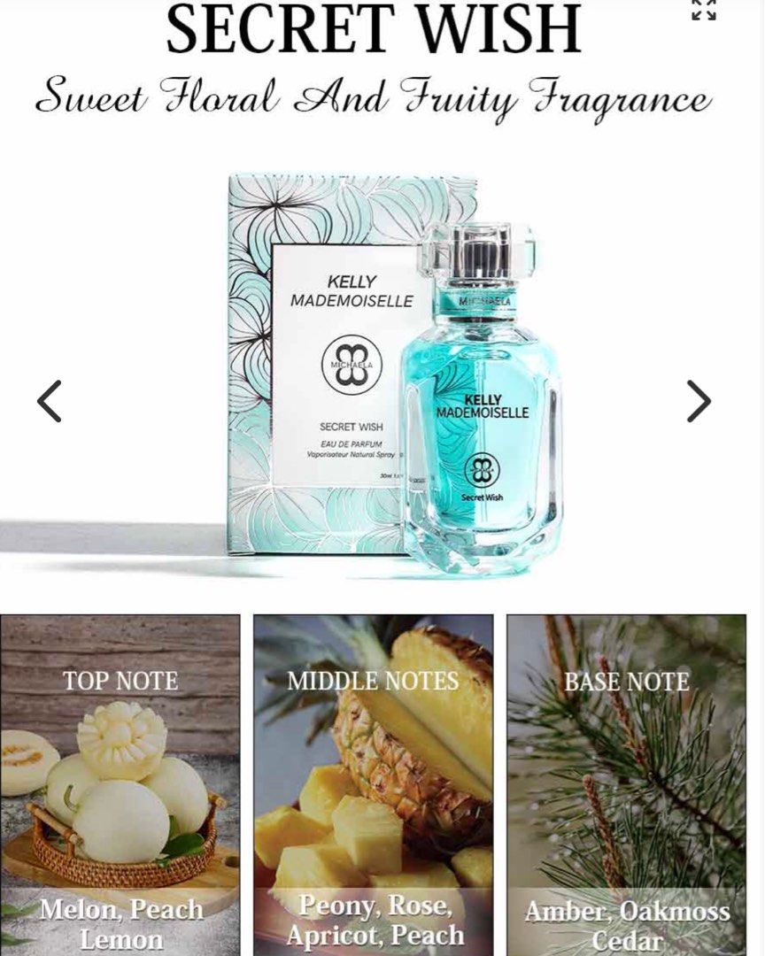 KELLY MADEMOISELLE (Category: Fragrance & Deodorants) located in Makati City. Submitted by k123_45 (Listing ID 1371290947, Image 2). Description: Series: KELLY MADEMOISELLE Fragrance: Sweet Floral And Fruity Fragrance Top Notes: Melon, Peach, Lemon Middle Notes: Pineapple, Blackcurrant Base Notes: Amber, Oakmoss, Cedar Color: Light Green Size: 30 ML Type: EDP .
