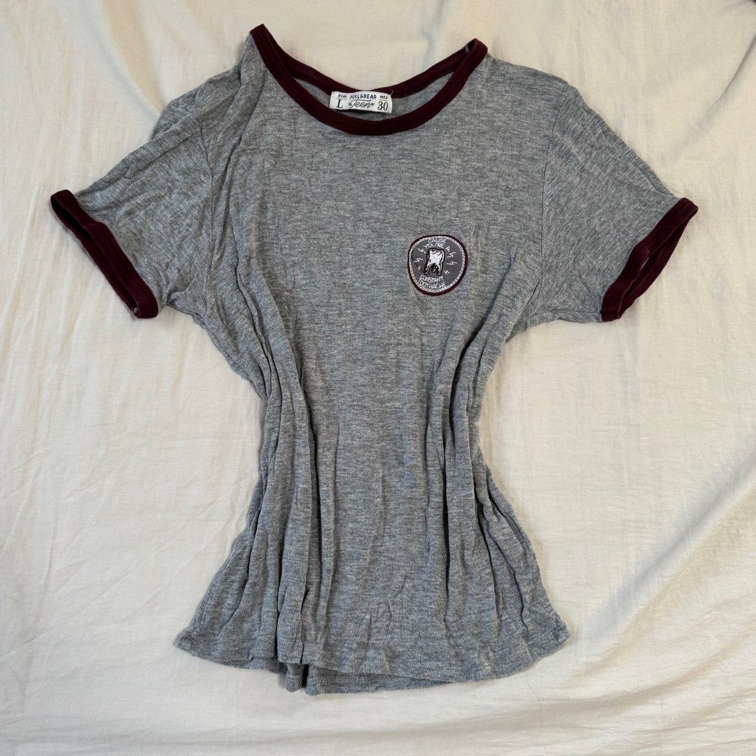 Pull and Bear Ringer Patch Top (Category: Shirts) located in Singapore. Submitted by modernbaseball (Listing ID 1371341676, Image 1). Description: tagged size L chest 41cm length 60cm meetups at yew tee MRT or mailing +$2.50 tags: crop top tee ringer shirt p&b pull and bear grey maroon top cropped. Top 6.