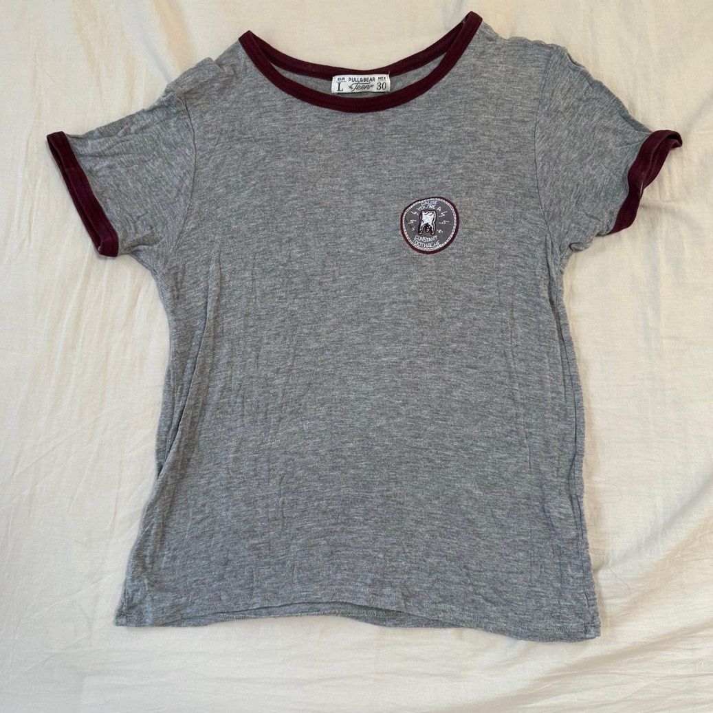 Pull and Bear Ringer Patch Top (Category: Shirts) located in Singapore. Submitted by modernbaseball (Listing ID 1371341676, Image 2). Description: tagged size L chest 41cm length 60cm meetups at yew tee MRT or mailing +$2.50 tags: crop top tee ringer shirt p&b pull and bear grey maroon top cropped. Top 6.