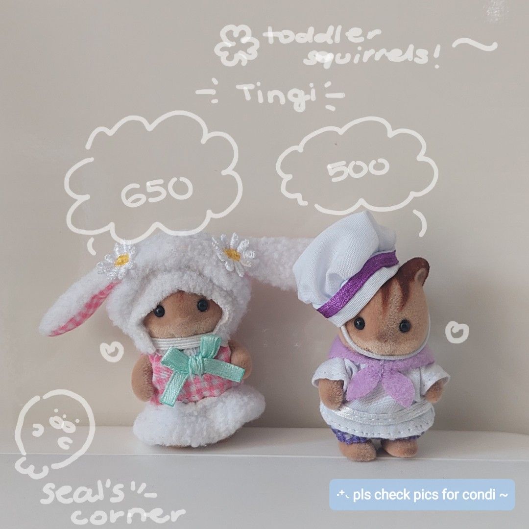 Sylvanian Families Calico Critters - Squirrel Lop Ear Baby Baker (Category: Figurines & Statues) located in Manila. Submitted by seals_corner (Listing ID 1371306719, Image 1). Description: ˚₊‧꒰ა wts lfb ph ໒꒱ ‧₊˚ squirrel toddlers ! 🐿 Squirrel Baby Baker - ₱500 Squirrel Lop Ear Bunny - SOLD ❕crossposted ❕ 🫧: onhand 🫧: good condi, only used as display 🫧: kindly check the pics, selling as is~ 𐙚 ‧₊˚ mop: gcash + sf 𐙚 ‧₊˚ mod: j&t or lalamove �