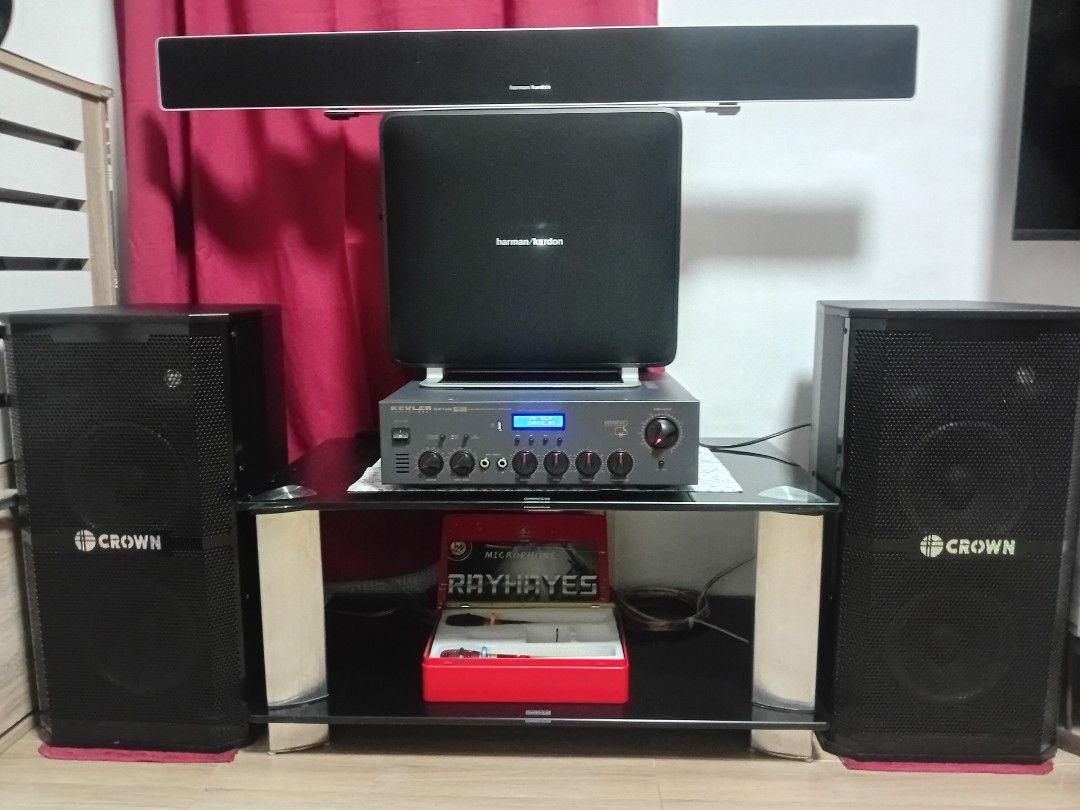 Take all po (Category: Soundbars, Speakers & Amplifiers) located in Cavite. Submitted by jeremydylan02 (Listing ID 1371174171, Image 2). Description: take all kevler ampli, 2 crown speakers, karaoke mic 2 pcs,set harmann kardon sb35 plus glass table all in..