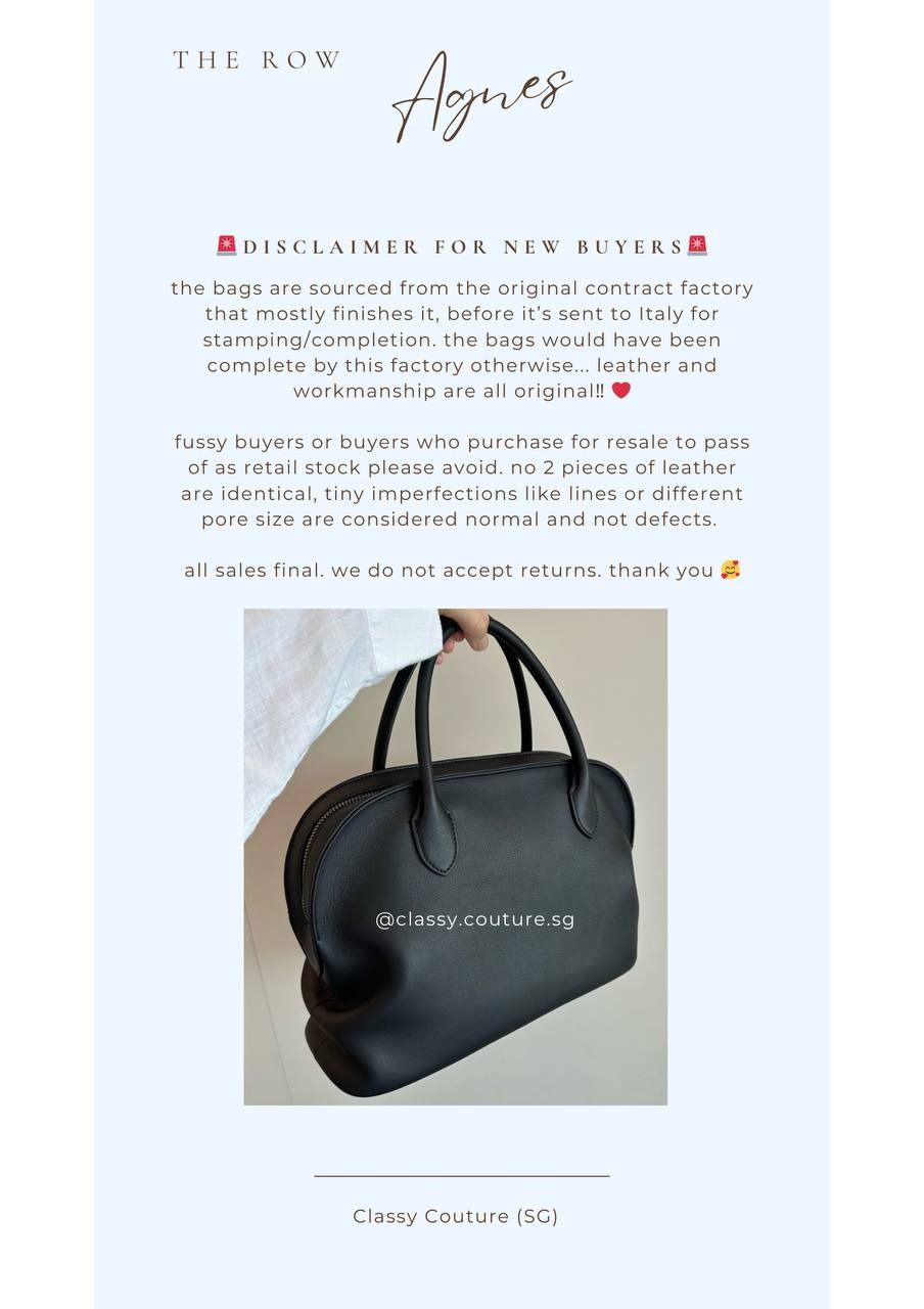 The Row Agnes Bag in Black Polished Saddle Calfskin Leather (Category: Bags & Wallets) located in Singapore. Submitted by classy.couture.sg (Listing ID 1371219957, Image 2). Description: 🧚‍♀️ 5% off any 2 or more items, always the best prices here! 🧚‍♀️ 🧚‍♀️ Insta @classy.couture.sg for exclusive deals & pieces 🧚‍♀️ from The Row: the Agnes redefines everyday elegance with its smooth leather exterior and intentional ruching details. 100% calfs