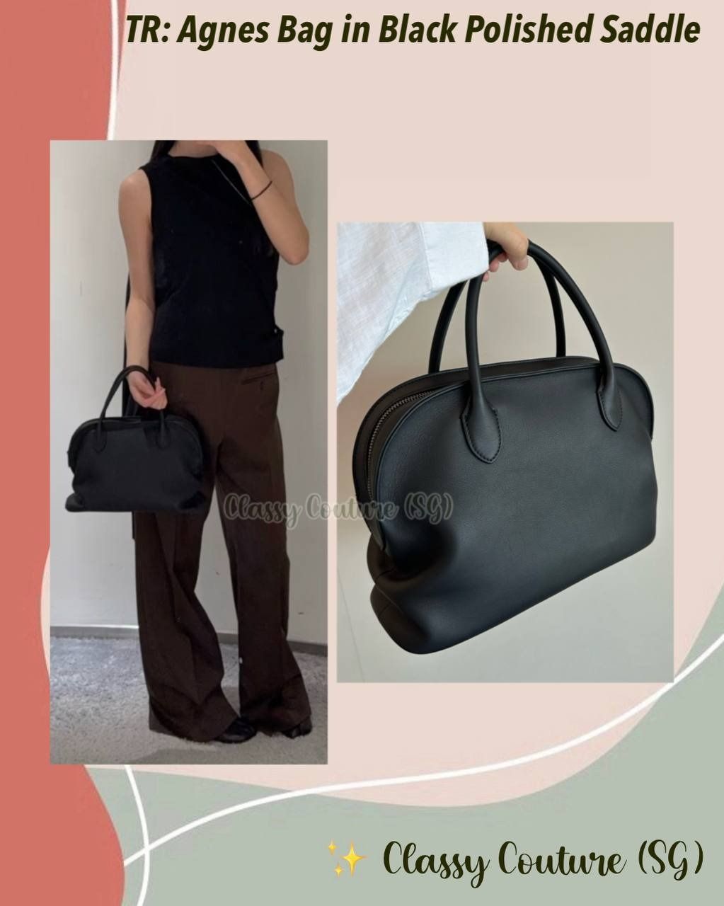 The Row Agnes Bag in Black Polished Saddle Calfskin Leather (Category: Bags & Wallets) located in Singapore. Submitted by classy.couture.sg (Listing ID 1371219957, Image 1). Description: 🧚‍♀️ 5% off any 2 or more items, always the best prices here! 🧚‍♀️ 🧚‍♀️ Insta @classy.couture.sg for exclusive deals & pieces 🧚‍♀️ from The Row: the Agnes redefines everyday elegance with its smooth leather exterior and intentional ruching details. 100% calfs