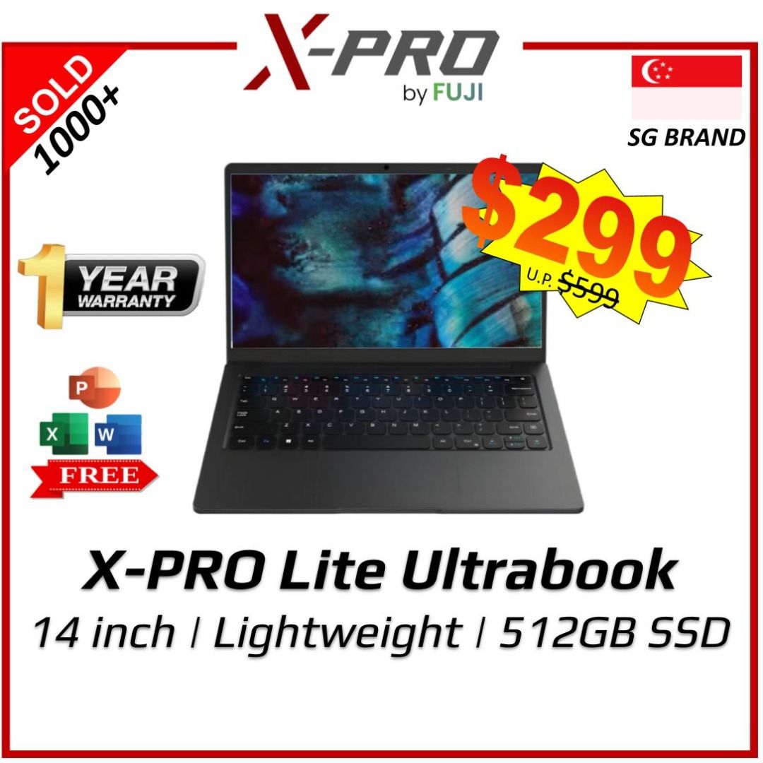 Brand New XPRO Lite - 14 Inch Slim Design - 12GB RAM - Up to 512 GB SSD - Free MS Office - Windows 11 - Fast Shipping - - Great Responsiveness - Flashsale!!- Well-Tested - Buy Now! (Category: Laptops & Notebooks) located in Singapore. Submitted by buyatfuji (Listing ID 1371397455, Image 1). Description: 🚀 𝐗-𝐏𝐫𝐨 𝐋𝐢𝐭𝐞 𝟏𝟒 𝐔𝐥𝐭𝐫𝐚𝐛𝐨𝐨𝐤 -14 Inch - HD Display - Intel® Celeron® Processor N4000 - 6GB / 8GB / 12GB RAM (DDR4) - 128GB / 256