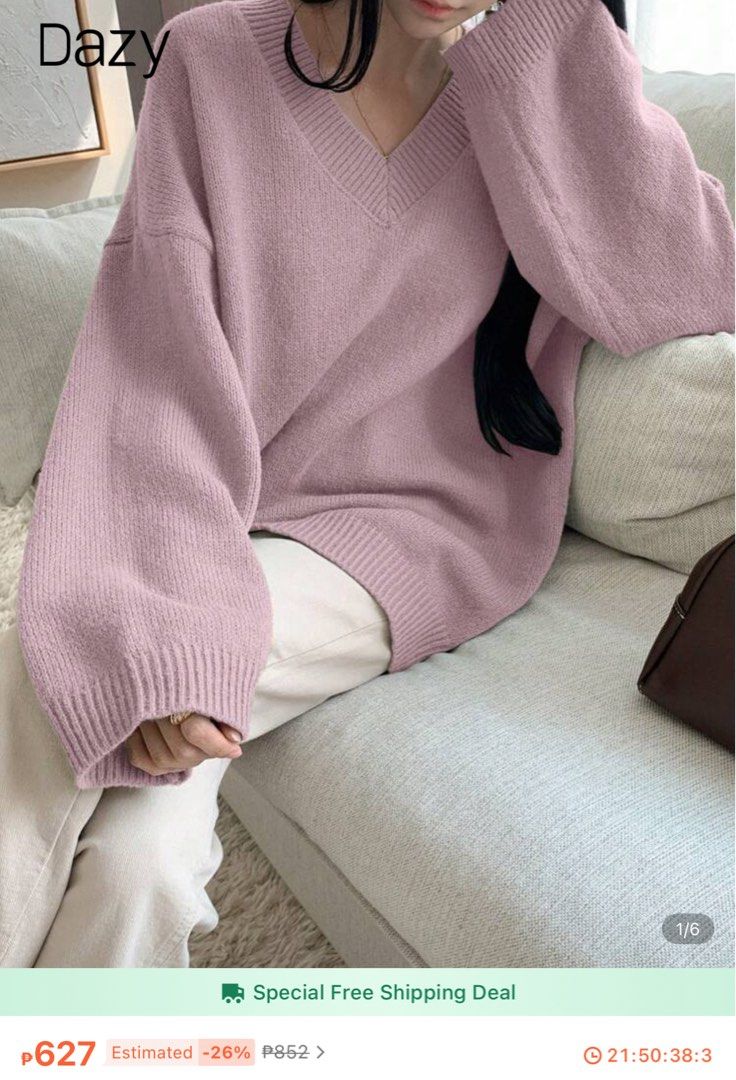 Dazy V-neck pink cozy oversized sweater (Category: Longsleeves) located in Pateros City. Submitted by ynxarchive (Listing ID 1371409743, Image 3). Description: ╰ very great/thick qual! has a hole lang kaya selling for low price, pwede tahiin or lagyan ng patch ╰ mop: gcash / mod: jnt / loc: pateros.