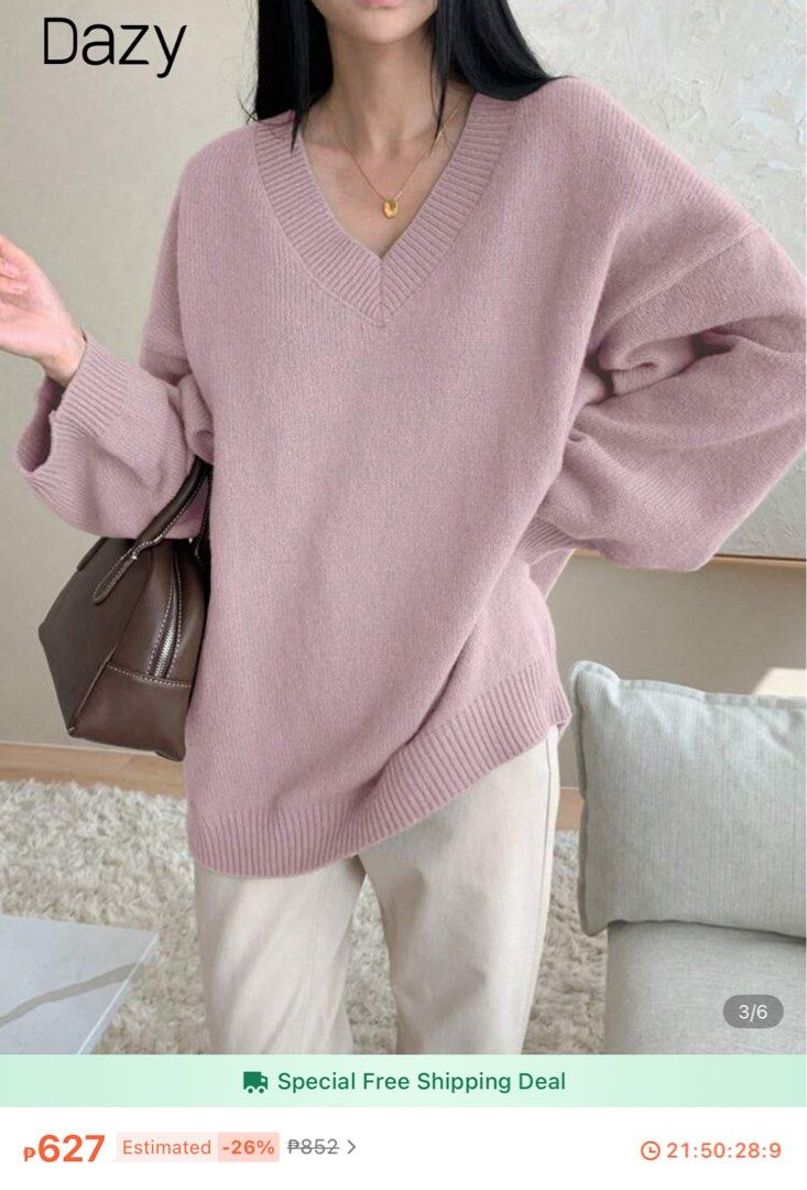 Dazy V-neck pink cozy oversized sweater (Category: Longsleeves) located in Pateros City. Submitted by ynxarchive (Listing ID 1371409743, Image 2). Description: ╰ very great/thick qual! has a hole lang kaya selling for low price, pwede tahiin or lagyan ng patch ╰ mop: gcash / mod: jnt / loc: pateros.