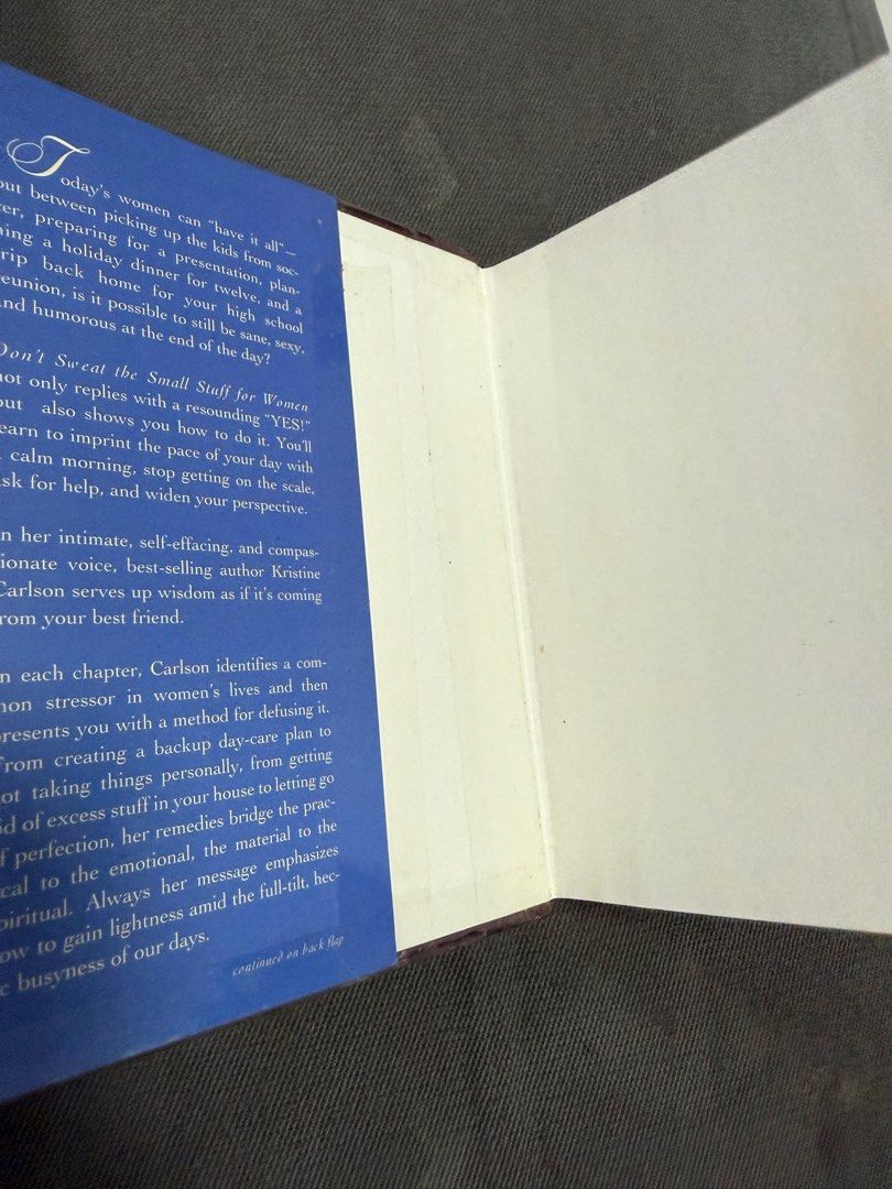 Don’t Sweat the Small Stuff for Women (Category: Storybooks) located in Manila. Submitted by spaigel (Listing ID 1371490813, Image 2). Description: Hardbound small. First few chapters have lines Yellow-ish pages.