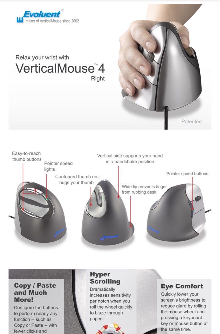 Evoluent VM4R VerticalMouse 4 Right Hand Ergonomic Mouse with Wired USB Connection (Regular Size.) The Original VerticalMouse Brand Since 200263205308612353114