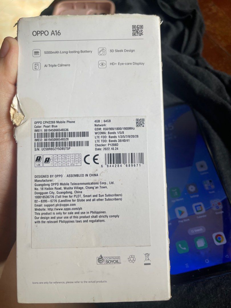 Oppo A16 (Category: OPPO) located in Quezon City. Submitted by ajc3009 (Listing ID 1371367411, Image 2). Description: Kayo na po bahala magpa ayos. Na stock ng matagal. See last photo for the issue.