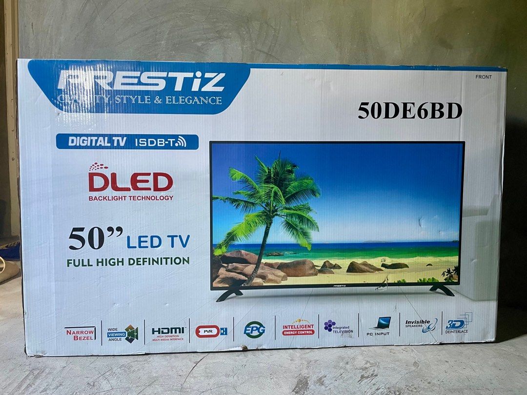 PRESTIZ 50” LED TV (Category: TV) located in Bulacan. Submitted by declutterwithjcl_ (Listing ID 1371390681, Image 1). Description: Brand: Prestiz Model: 50DE6BD 50 inches LED TV FULL HIGH DEFINITION With Stand Manual Brand New RFS: Napanalunan sa raffle, never nagamit. Note: HINDI po Smart TV, kailangan lang bilan ng TV box para magamit for Netflix, Prime Video, Youtube, etc..