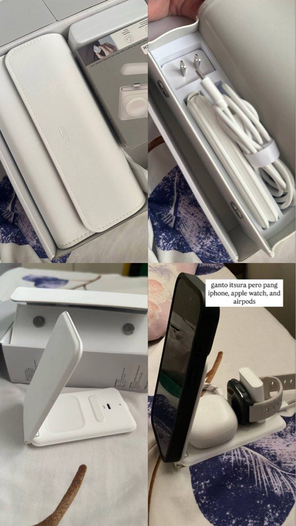 3-in-1 Wireless Charging Station (Category: Chargers & Cables) located in Pasay City. Submitted by lovedenisse (Listing ID 1371638841, Image 2). Description: 3-in-1 Wireless Charging Station Brand: ESR Compatible with: iPhone, Apple Watch, AirPods ✔️ Foldable and compact – perfect for travel or desk use ✔️ Charges 3 devices at once ✔️ Comes with complete accessories and original box ✔️ Sleek white design with travel pouch RFS: No longer needed 📍