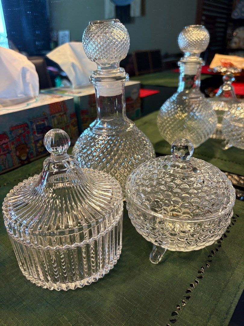 Assorted glass canister,decanter,glass trinket.