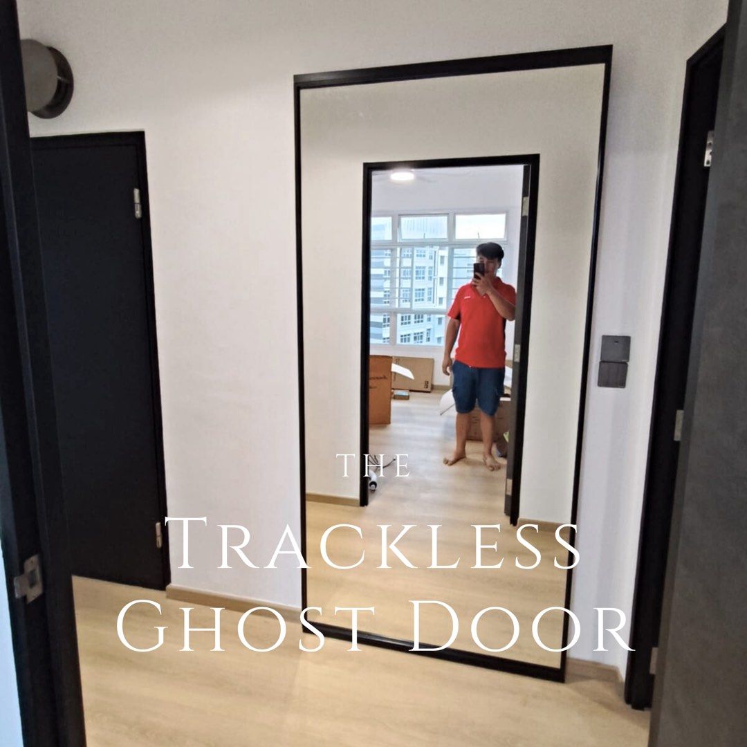 Ghost sliding door swing trackless tempered mirror toilet kitchen room study (Category: Locks, Doors & Gates) located in Singapore. Submitted by glassservicesbto (Listing ID 1259941391, Image 2). Description: 2 Fixed 2 sliding (corner entry) 10mm tempered clear glass 800mm(L) x 900(w) x1900mm (H).