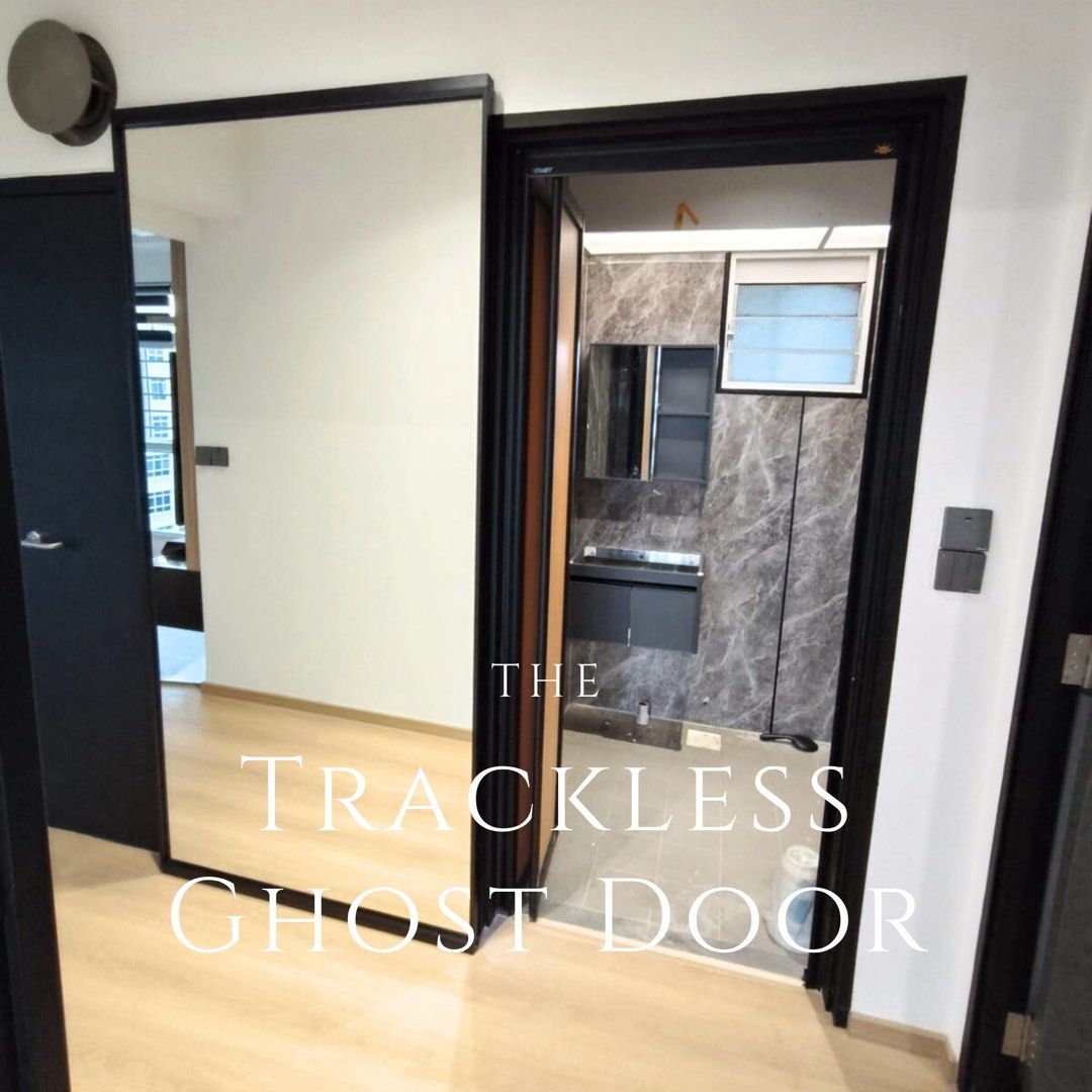 Ghost sliding door swing trackless tempered mirror toilet kitchen room study (Category: Locks, Doors & Gates) located in Singapore. Submitted by glassservicesbto (Listing ID 1259941391, Image 3). Description: 2 Fixed 2 sliding (corner entry) 10mm tempered clear glass 800mm(L) x 900(w) x1900mm (H).