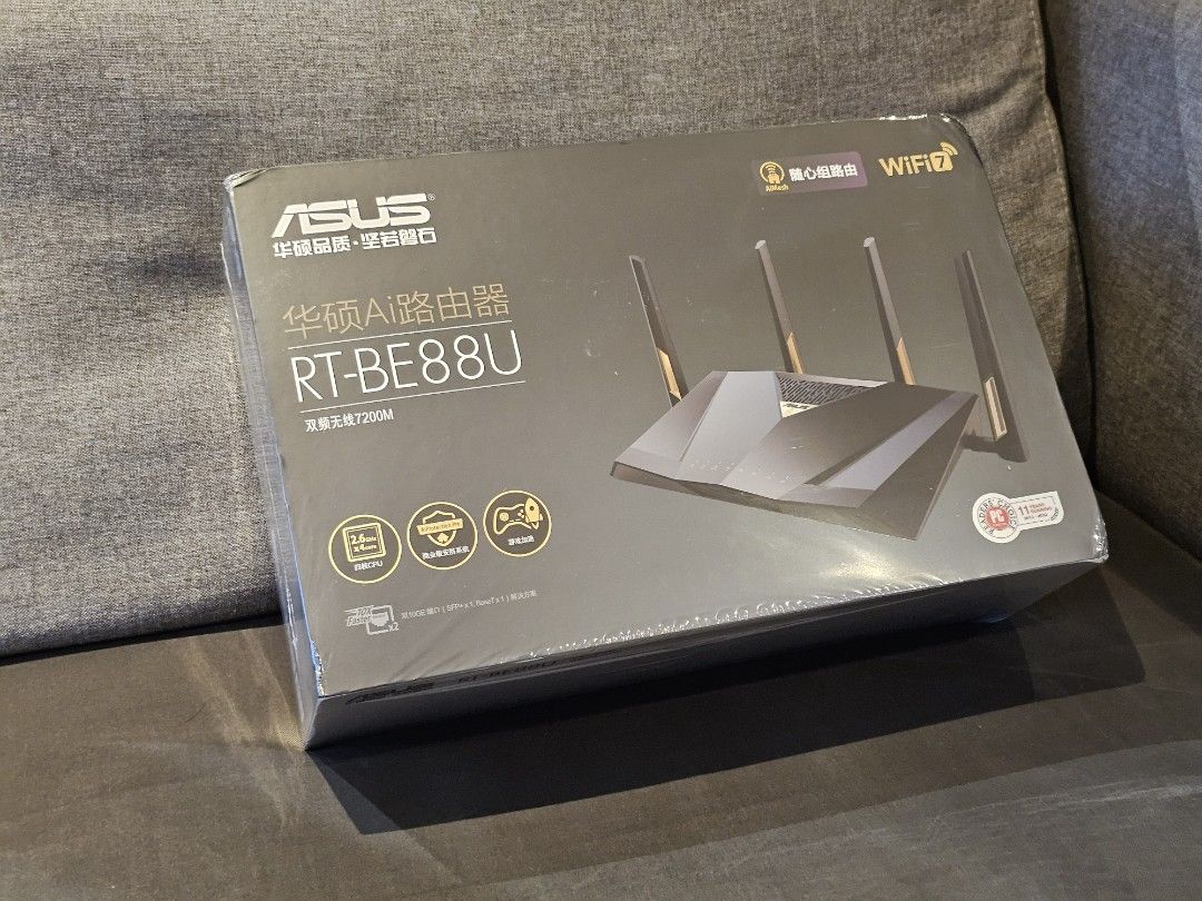 BNIB ASUS RT-BE88U WIFI 7 Router (Category: Networking) located in Singapore. Submitted by jianwho (Listing ID 1371726157, Image 1). Description: Brand new sealed in box. ASUS RT-BE88U WIFI 7 Router. Dual Band 7200 Mbps. Not local set. Chinese set. No warranty. Got it as a gift. Selling because my existing router still works..