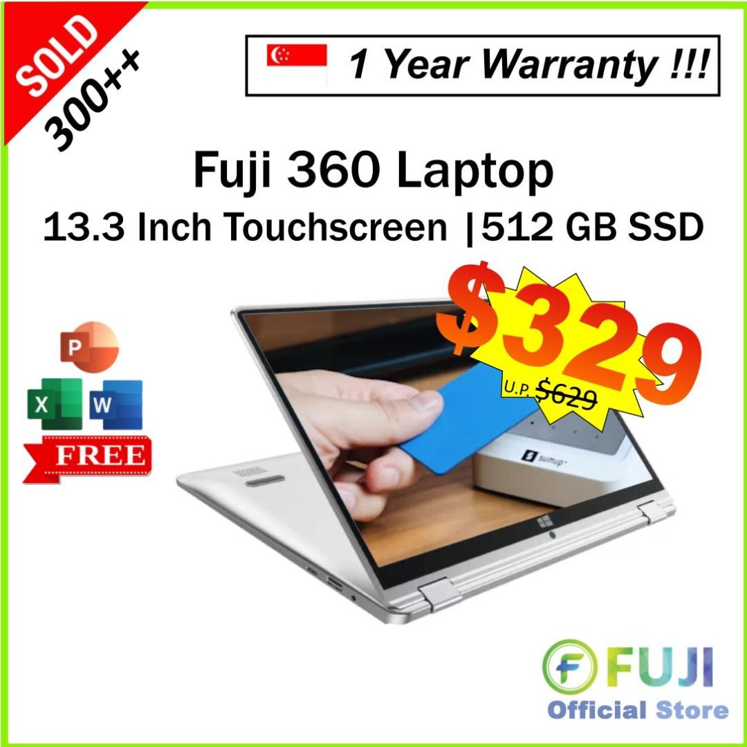 Brand New Fuji 360 Flip + Touch Screen Laptop - Up To 12GB RAM + 512GB - Lag Free Experience - Work, Stream, Study - Sale! - Buy Now! (Category: Laptops & Notebooks) located in Singapore. Submitted by buyatfuji (Listing ID 1371605462, Image 1). Description: 🚀 𝐅𝐔𝐉𝐈 𝟑𝟔𝟎 𝐀𝐢𝐫𝐁𝐨𝐨𝐤 - 13.3 inch - HD Display - Intel® Celeron® Processor N4020 - 6GB / 8GB / 12GB RAM (DDR4) - 128GB / 256GB / 512GB SSD (M.2) - 2x USB 3.0 / 1x Mini HDMI / 1x Mi