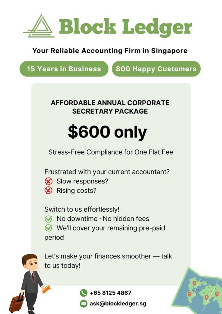 Corporate secretary and incorporation (Category: Admin, Finance, Legal) located in Singapore. Submitted by nicegreenbear (Listing ID 1371651896, Image 1). Description: 81254867 Reliable and smart corp sec and incorporation Help growing business with accounting and corp sec services. Starting a business is as easy as ABC, contact me now Fast response.