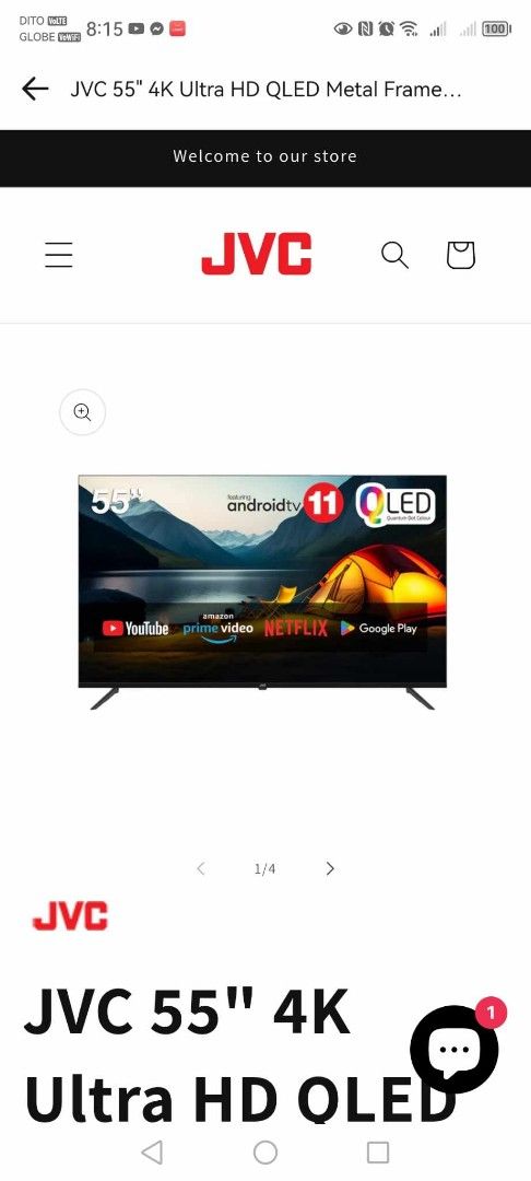 JVC QLED Android 4k UHD TV (Category: TV) located in Taytay. Submitted by mikz_1303 (Listing ID 1371574368, Image 1). Description: JVC QLED Android 4k UHD TV Almost New From New Zealand 220v Edgeless Chromecast built-in Size: 55in Complete package Pick up in Taytay.