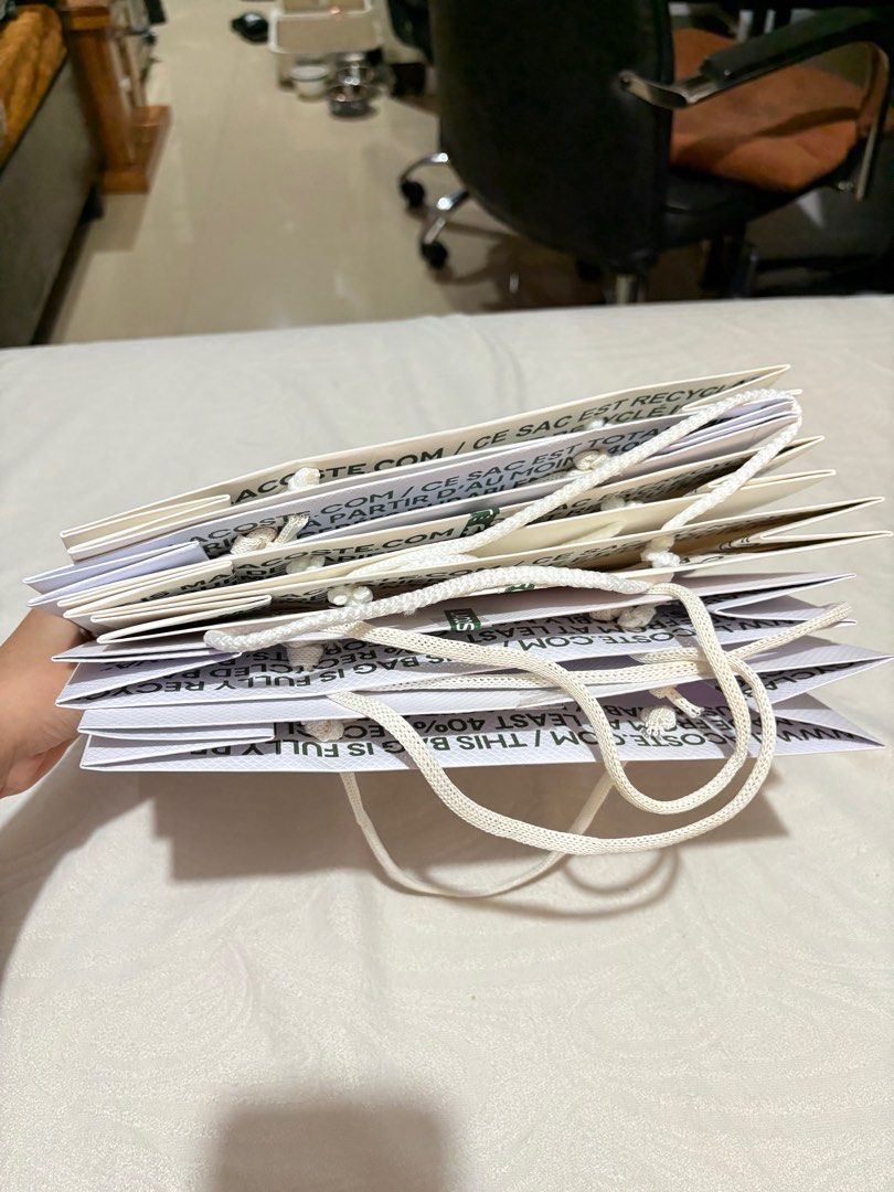 Original Lacoste Paper Bag (6pcs) (Category: Tote Bags) located in Cainta. Submitted by trishiaa21 (Listing ID 1371598714, Image 3). Description: Take all for 600 6pcs Brandnew condition Rfs: decluttering Small size .