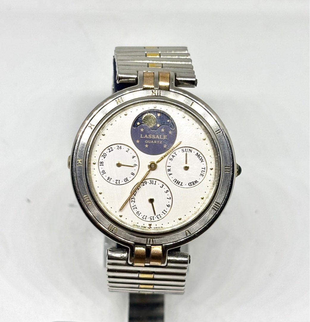 Seiko lassale Rare Moonphase Quartz watch (Category: Luxury Watches) located in Subic. Submitted by modern.vintage.enthusiast (Listing ID 1371717941, Image 1). Description: •Seiko Lassale Moon phase watch •All original parts including bracelet •New crown gasket and back case •Polished case •Sapphire crystal •Quartzmovement working well newly service •35mm case diameter- •Bmby1998 sept Please see photos for best description Feel free to DM for mor