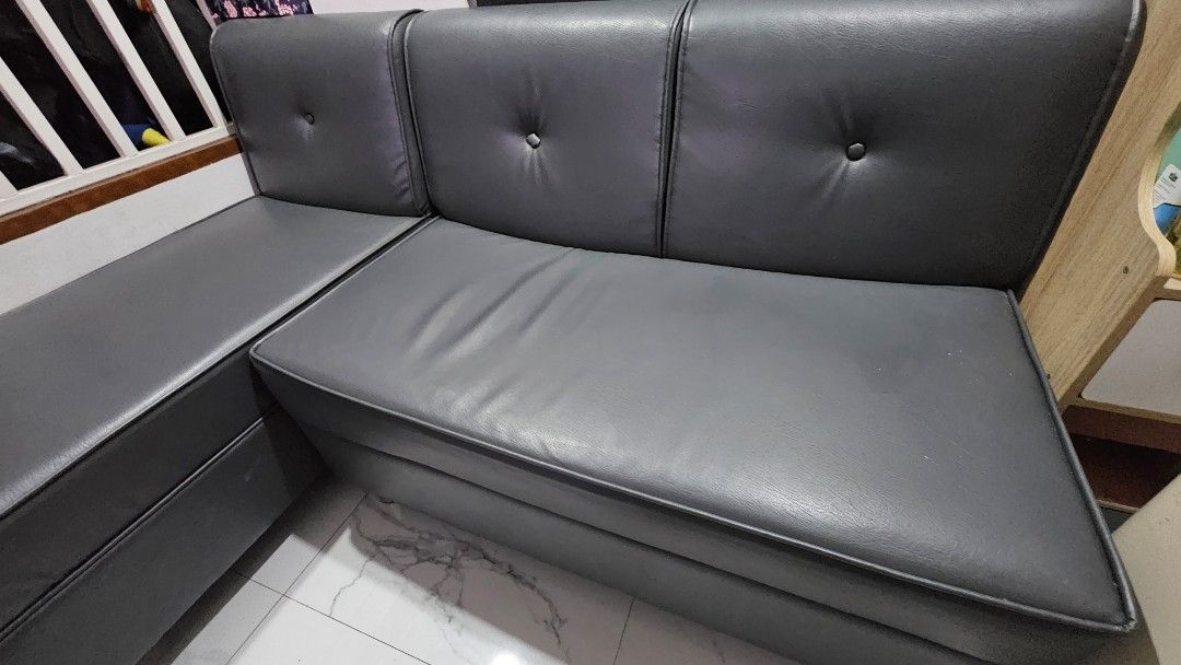 Sofa Gray Leather (3 seater) from Mandaue Foam (Category: Sofas) located in Paranaque City. Submitted by n30h29 (Listing ID 1371560332, Image 1). Description: Sofa Gray Leather (2pc) from Mandaue Foam Orig Price 16k Minor peeling of leather edge shown on last picture due to normal wear and tear but foam and everything still intact and firm. Used only for 2+ years.