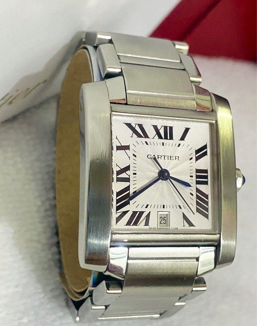 Cartier Tank Française Large (Category: Luxury Watches) located in Bulacan. Submitted by youlovewatches (Listing ID 1371732949, Image 2). Description: Cartier Tank Française Large Automatic 210,000 Php Guilloche White Dial 28x32mm Case size Automatic Movement 6'0 Calendar Aperture 9.5/10 Like New (Free Polish upon request) All Original Parts, No issue, All working Guaranteed Authentic Low ballers will not be entertained (Selling low already) Set 