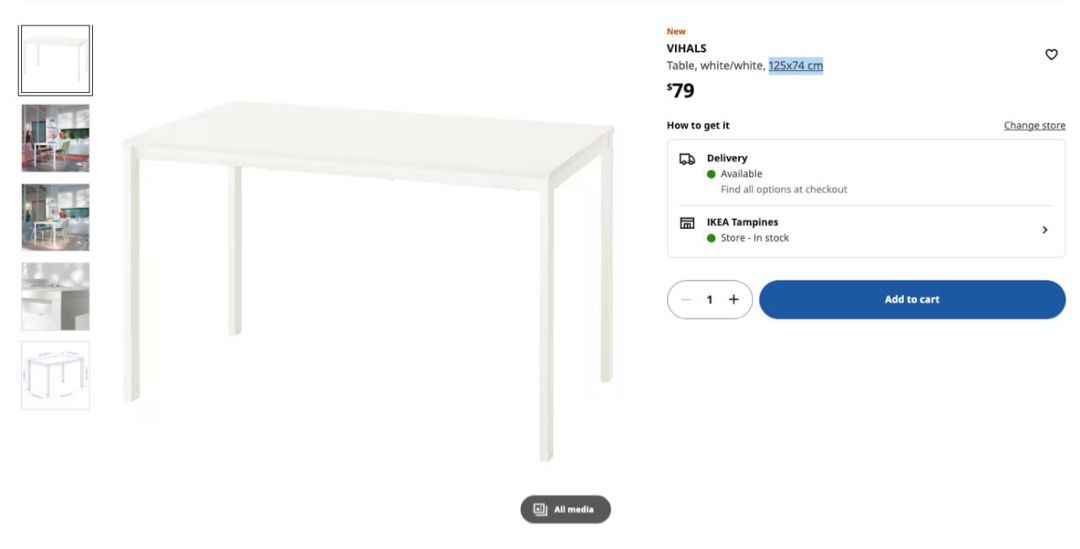 Dining Table (Category: Tables & Sets) located in Singapore. Submitted by sfapple (Listing ID 1371873790, Image 1). Description: VIHALS TABLE 125cm x 74cm Light Grey colour vinyl surface .
