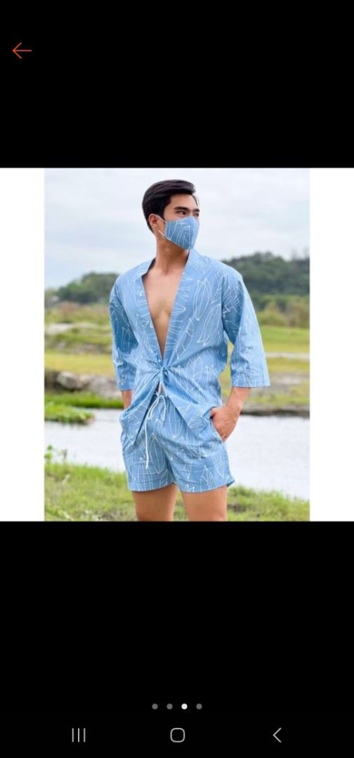Kimono for Men Set (Category: Sets & Coordinates) located in Caloocan City. Submitted by hadoudourut (Listing ID 1371851204, Image 2). Description: size: XL color: light blue design: white leaves pattern dimes: top body width (front): 24" shoulder: 23" sleeve: 16" sleeve opening: 18" body length: 32" shorts (garterized) waist: 39-41" length: 14.5" leg opening: 16" used once rfs: hindi masara yung tie, dapat 2xl kinuha ko. MOP: Gcash, bank transfe