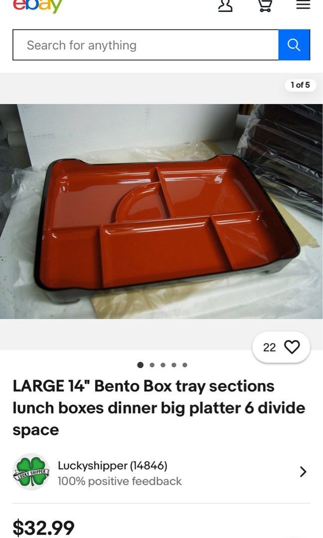 Large Bento Box Tray (Category: Other Kitchenware & Tableware) located in Rizal. Submitted by rareofakind (Listing ID 1359848389, Image 3). Description: P180 each or take all for P450 Brand new but with very minimal scratches during storage 8-9 compartments Lacquered plastic eb*y price: $32 or P1 ,700 in peso each (see last photo) 📍Rizal 💳Gcash or Online bank transfer (BPI/BDO) 🛵Lalamove or courier of your choice (same day delivery).