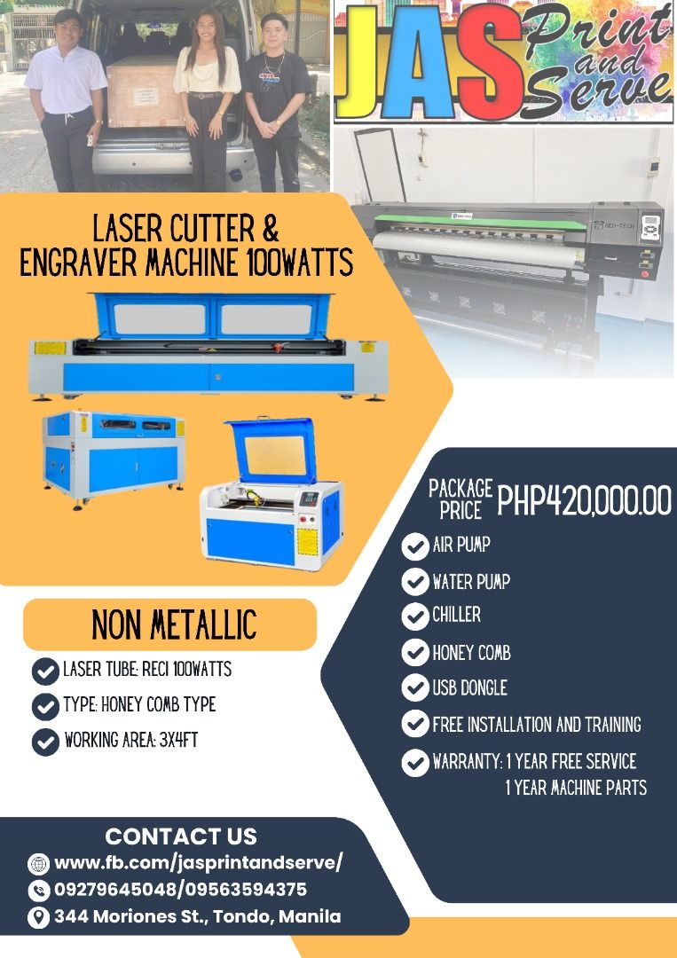 LASER CUTTER AND ENGRAVER MACHINE (Category: Printers, Scanners & Copiers) located in Manila. Submitted by abbyconde (Listing ID 1371816832, Image 1). Description: Printhead: DX11/i3200 *Application: Eco Solvent/Sublimation *Size: 6ft/10ft *with Warranty *Free Installation and Training *with lots of Freebies *After Sales Support!!! For more details, kindly contact; Name: Abby Conde Position: Sales Consultant Company: JASPRINT AND SERVE PRINTING S