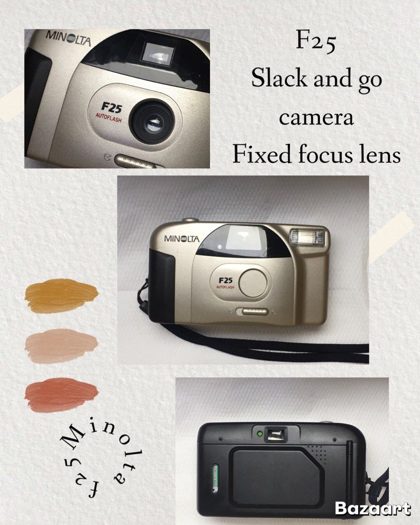 Minolta F25 film camera (Category: Other Photography Accessories) located in Las Pinas. Submitted by film101 (Listing ID 1371863917, Image 1). Description: Minolta F25 Its fixed focus lens Automatic flash system Slack and shoot Working shutter Working flash Working advance Working aperture Working meter .