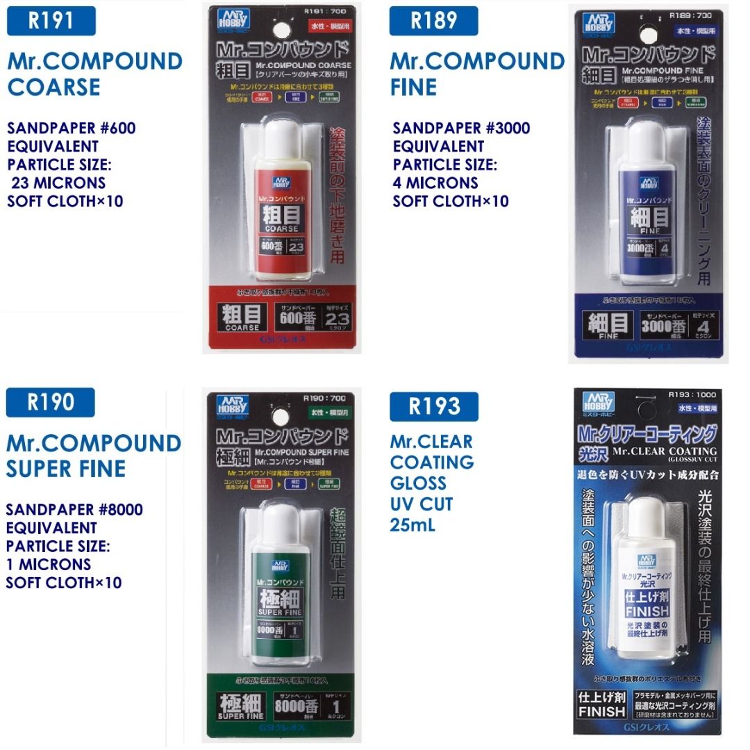 Mr Compound Coarse, Fine, Super Fine and Mr Clear Coating Gloss UV cut ...