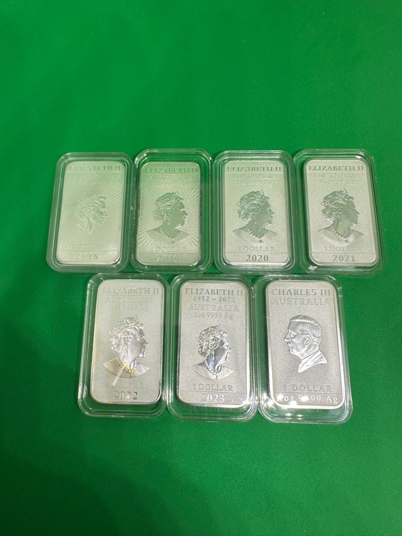 PERTH MINT DRAGON RECTANGULAR SILVER BAR FULL SET 2018 -2024 (Category: Currency) located in Singapore. Submitted by starbullion (Listing ID 1371894201, Image 2). Description: The Dragon Rectangular Coin is a bullion coin produced by the Perth Mint since 2018.[1][2] Resembling a cross between conventional gold and silver coins and gold and silver bars, the silver coin has a face value of one Australian dollar, while the gold version has a face va