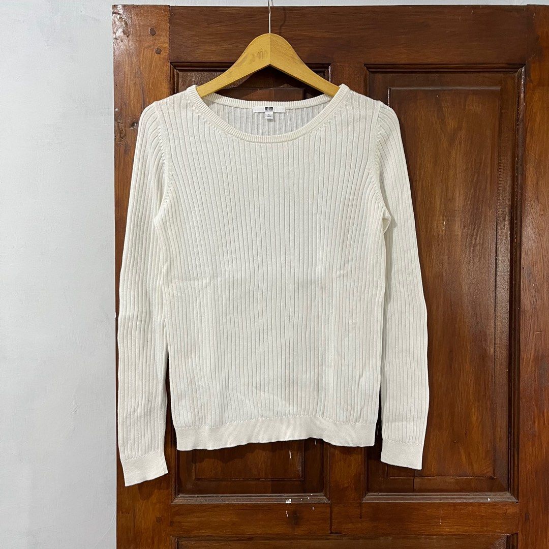 Uniqlo White Knit Textured [Rajut Motif Lidi] Size L | Kemeja Blouse ...