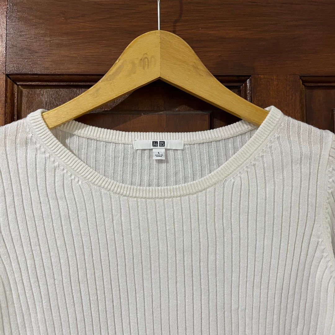 Uniqlo White Knit Textured [Rajut Motif Lidi] Size L | Kemeja Blouse ...