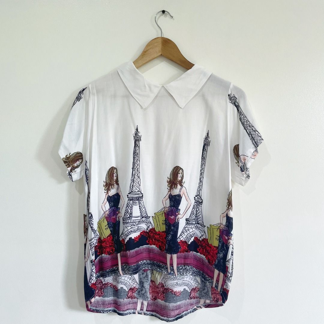 White collared short sleeve blouse with print (Category: Blouses) located in Quezon City. Submitted by HannoCollection (Listing ID 1371764606, Image 1). Description: Freesize, but best fits M to L ✔️ Most prices are NEGOTIABLE. PM is key ✔️ ACTUAL PHOTOS POSTED ✔️ COD Available (with additional 15% fee) ✔️ MOP: GCash or Landbank, ꜱʜᴏᴘᴇᴇ checkout (SCO for delivery) ✔️ same day delivery within MM available.