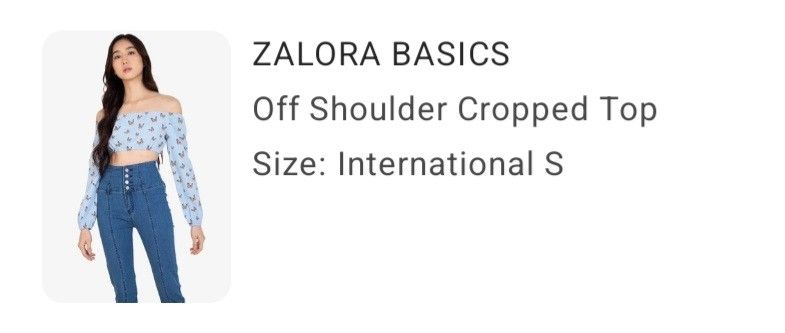 Zalora off shoulder blue crop top (Category: Others Tops) located in Quezon City. Submitted by mommadeclutterph (Listing ID 1371736994, Image 3). Description: Bought then stored. BNWOT.