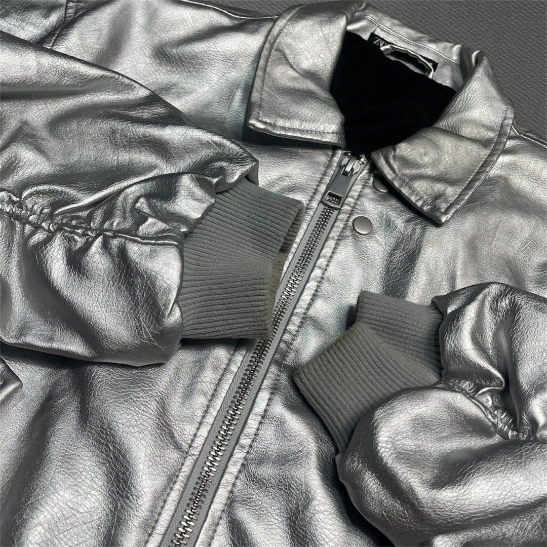 Zara Silver Leather Jacket (Category: Coats, Jackets and Outerwear) located in Urdaneta. Submitted by castingcouch_ph (Listing ID 1371863067, Image 3). Description: W-25 L-27 Boxy Type Issue-None Item Condition-10/10 Color may vary due to lightning.