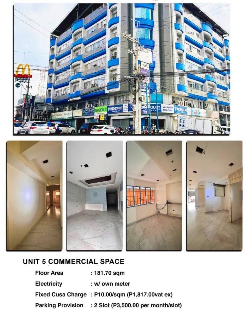 Ground Floor Commercial Space for lease (Category: Commercial) located in Manila. Submitted by p24_kchangrealty (Listing ID 1120820670, Image 1). Description: G/F Commercial Space for Lease with high vehicular traffic. Location: Del Monte Ave. Quezon City For area: 181.70m² Electricity: with own meter Fixed CUSA: Php. 10/sqm (Vat exclusive) Parking: 3,500/slot (2parking slot providion) With elevators Individually metered electrical utility G/F Se