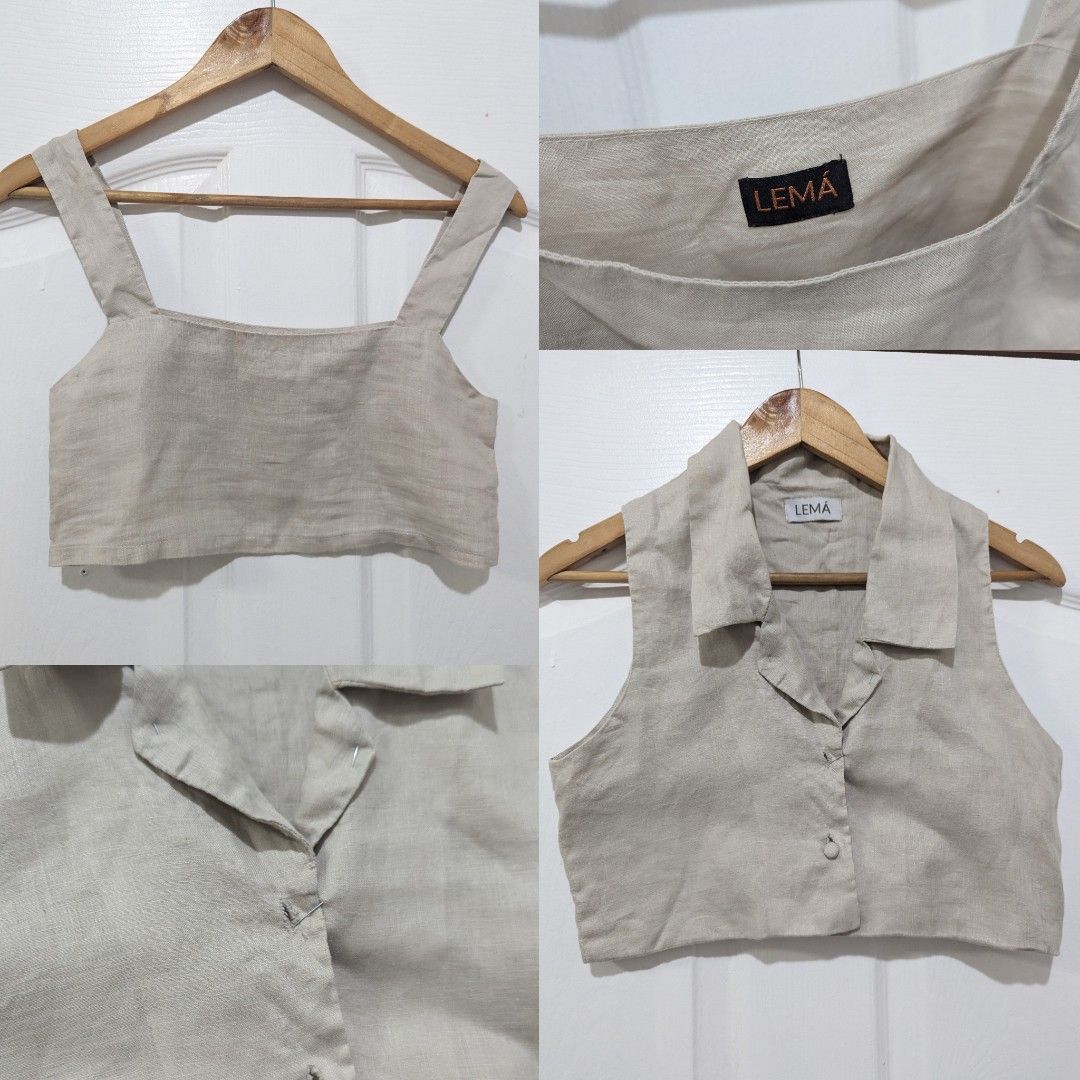 Lema Beige Linen Top Bundle size small (Category: Sleeveless) located in Manila. Submitted by ann_sml (Listing ID 1367086104, Image 1). Description: RFS: doesnt fit me, button down top has one missing button. Size 32-33 when laid flat.Selling as bundle! Made of grass/pure linen like la oceann's No lowballing pls! Courier is gogo express but can do lalamove with loc below: North Landmark: mindanao ave, qc South Landmark: Salcedo village, makati ci