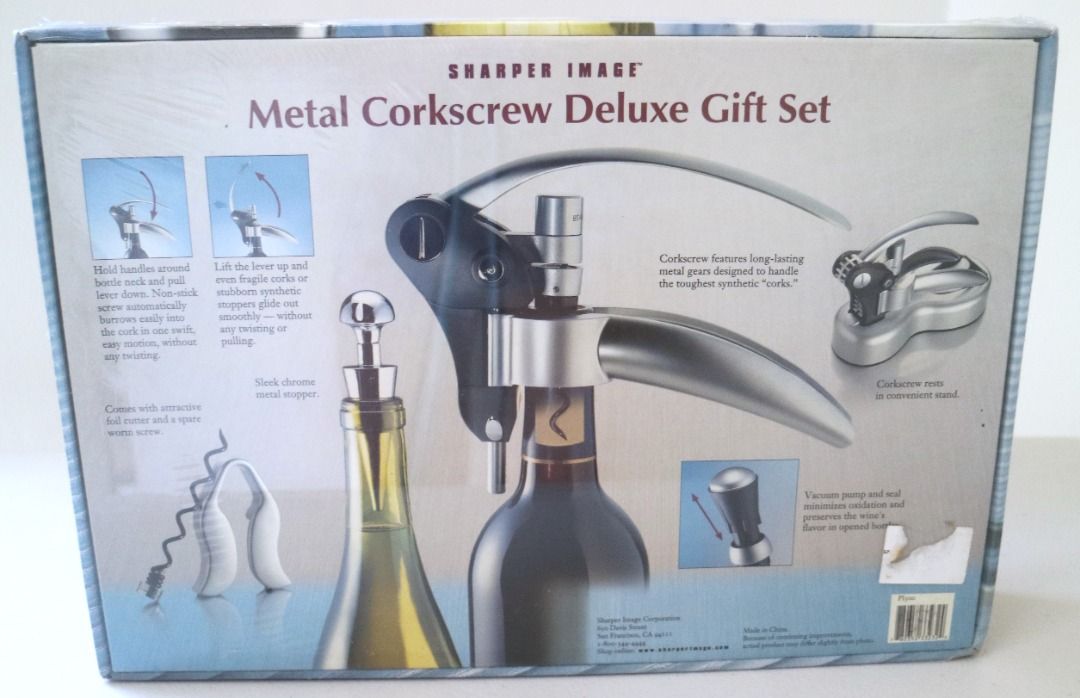 [NEW] Sharper Image Metal Corkscrew Deluxe Gift Set (Category: Other Kitchenware & Tableware) located in Pasig City. Submitted by findingviolet (Listing ID 1367046584, Image 2). Description: [NEW] Sharper Image Metal Corkscrew Deluxe Gift Set Set Inclusions: - Metal Corkscrew with Stand - Vacuum Pump and Seal - Chrome Metal Stopper - Ergonomic Foil Cutter - Spare Worm Screw Condition: New, Sealed Box Mode of Payment: GCash / Maya / BPI Bank Trans