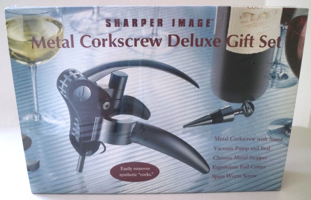 [NEW] Sharper Image Metal Corkscrew Deluxe Gift Set (Category: Other Kitchenware & Tableware) located in Pasig City. Submitted by findingviolet (Listing ID 1367046584, Image 1). Description: [NEW] Sharper Image Metal Corkscrew Deluxe Gift Set Set Inclusions: - Metal Corkscrew with Stand - Vacuum Pump and Seal - Chrome Metal Stopper - Ergonomic Foil Cutter - Spare Worm Screw Condition: New, Sealed Box Mode of Payment: GCash / Maya / BPI Bank Trans