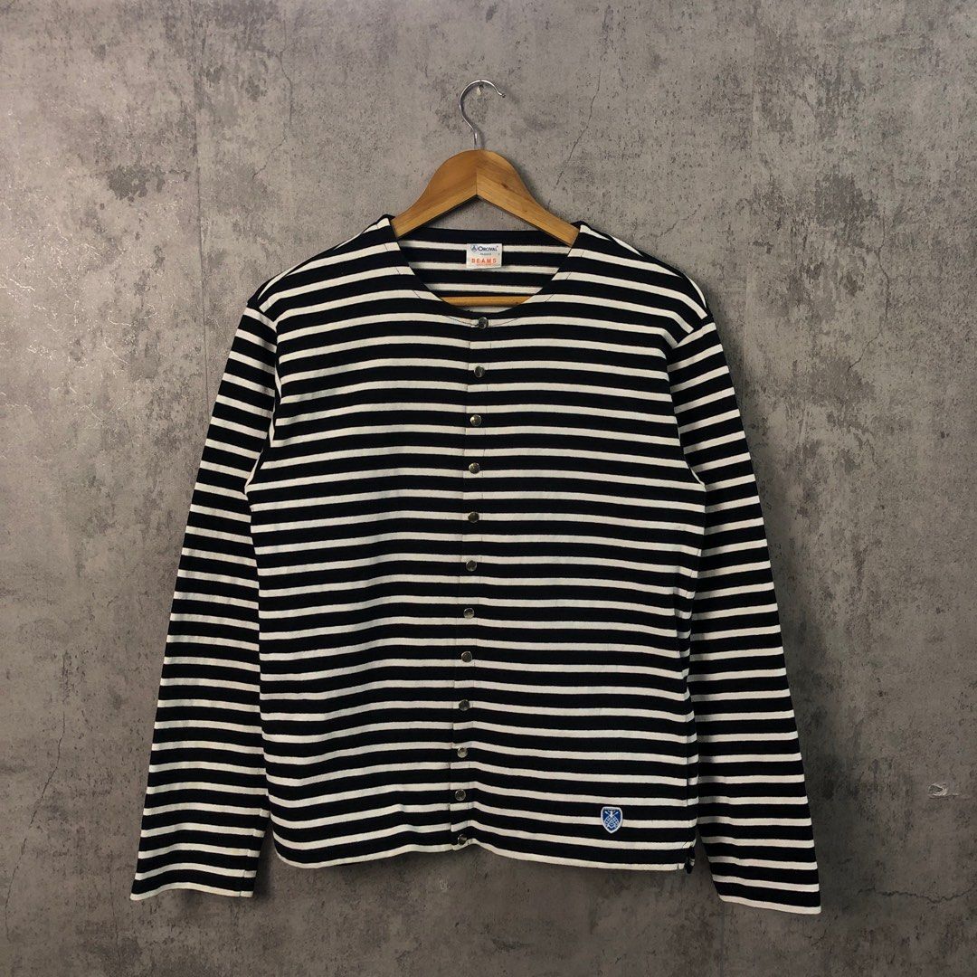 Orcival x Beams Snap Bottom Cardigan (Category: Coats, Jackets and Outerwear) located in Quezon City. Submitted by cityboycrates_ph (Listing ID 1367031268, Image 2). Description: ORCIVAL × BEAMS special striped snap cardigan — exclusive release at BEAMS Machida. Classic border style with a twist: snap buttons, oversized fit, and a functional chest pocket. Lightweight cotton makes it perfect for layering year-round. Size: 3 24 inches length 19 inc