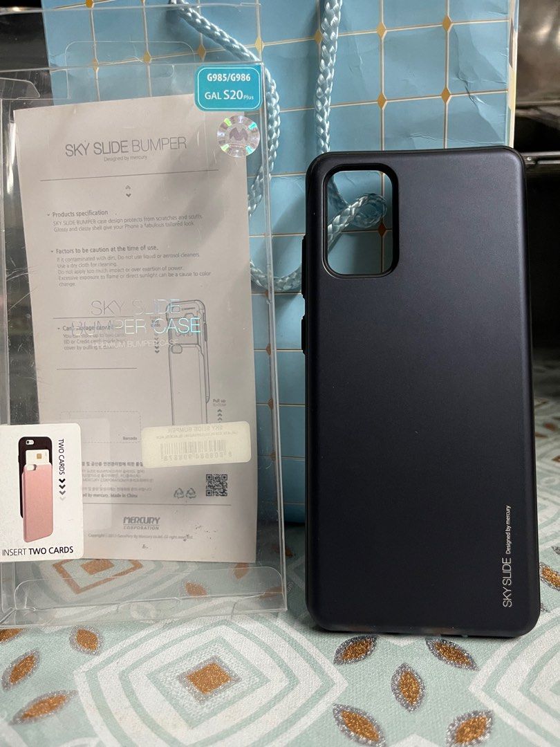 Samsung S20 plus case (Category: Cases & Sleeves) located in Angeles City. Submitted by goodbuysathome (Listing ID 1366981926, Image 1). Description: Gooseperry Sky slide bumper case navy blue Two cards insert Brandnew from Korea Add sf 55 Gcash payment .