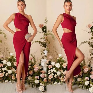SHEIN Belle maroon Red Asymmetrical Neck venus Cut Out Wrap Bridesmaid Dress, Wedding Guest party evening elegant classy dress