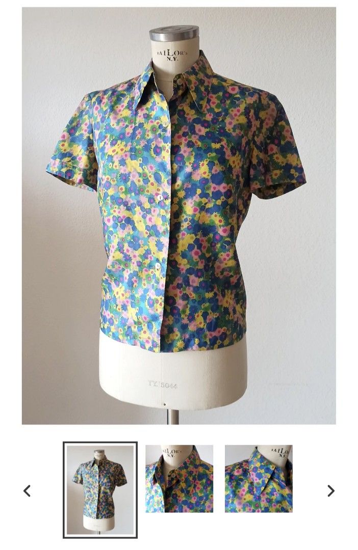 1960s Vintage Floral blouse (Category: Blouses) located in Singapore. Submitted by merrydaycat (Listing ID 1372077594, Image 1). Description: Just bought online from a Spain vintage shop. Best fit medium. Satin. Good condition. Measurements: Shoulders seam to seam: 16" (41cm) Armpit to armpit: 20" (50cm) Waist: straight cut Length: 24" (60cm).