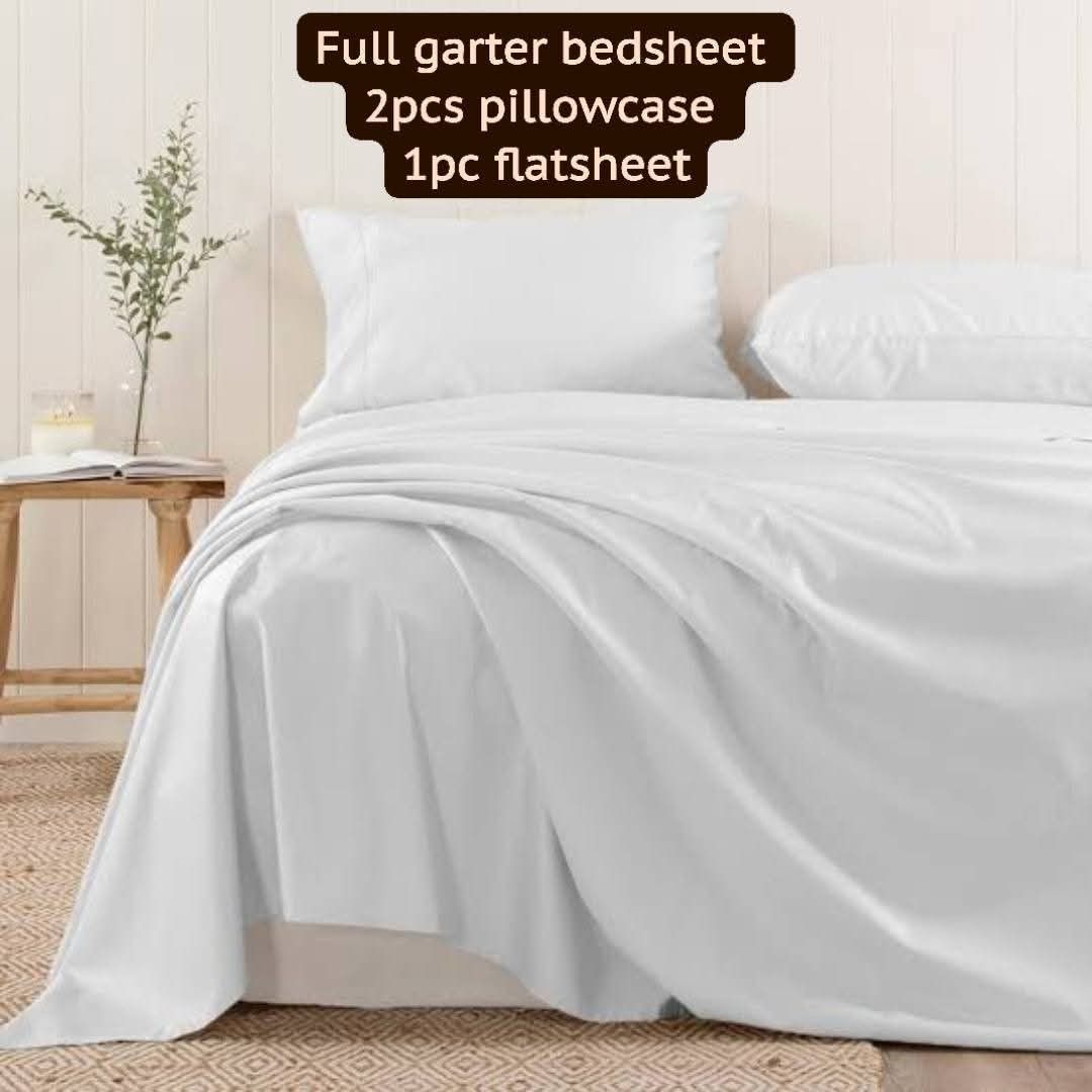 4in1 full garter plain white flatsheet set (Category: Bedding & Towels) located in Manila. Submitted by chedelm (Listing ID 1372084605, Image 1). Description: New arrivals❗Please read❗ 4in1 full garter plain white flatsheet set Us cotton hotel quality Inclusion: 1pc fitted sheet ( full garter) 2pcs pillow case (18x28inches) 1pc flatsheet price and size Single: 580 Full double :600 Queen size: 620 King size: 650.